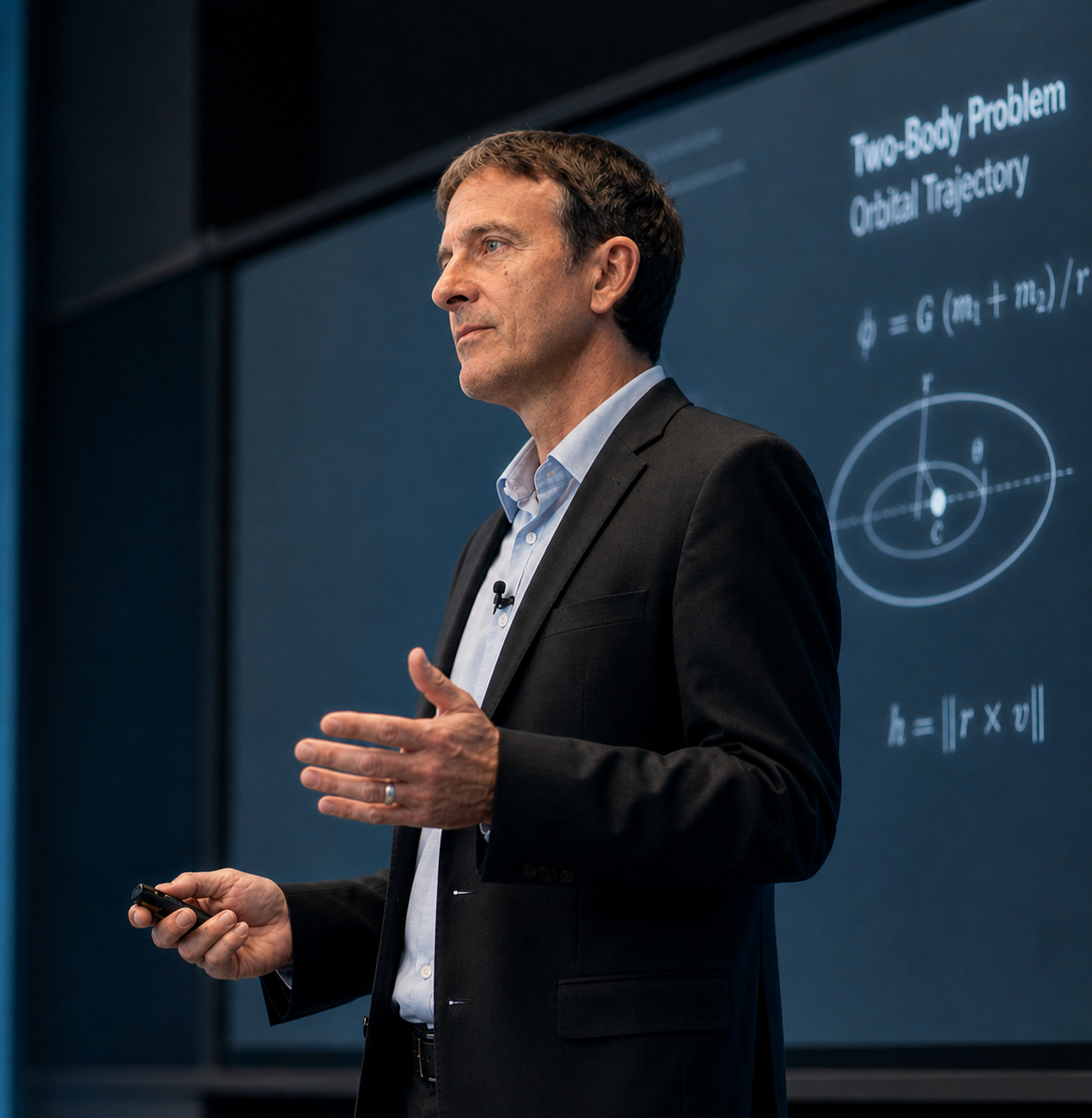 Richard L. Lachance presenting a lesson on orbital mechanics.